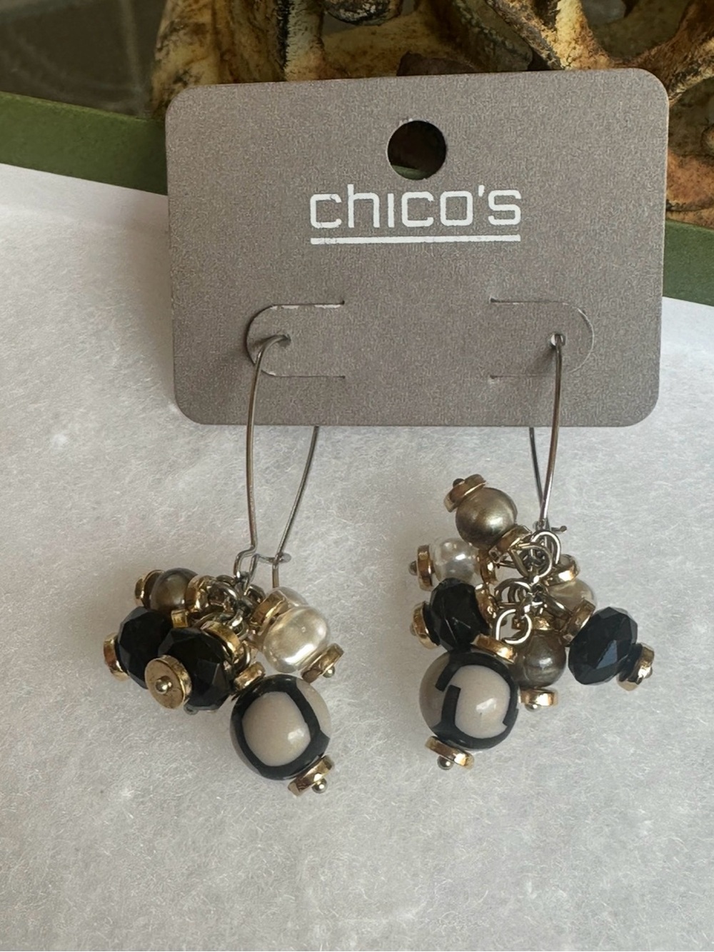 Chico's Black, Cream, Gold Beaded Cluster Wire Drop Earrings